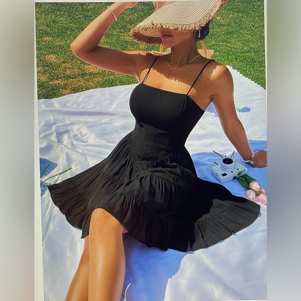 SHEIN Elegant Black Spaghetti Strap Ruffle Hem Cami Dress Size L